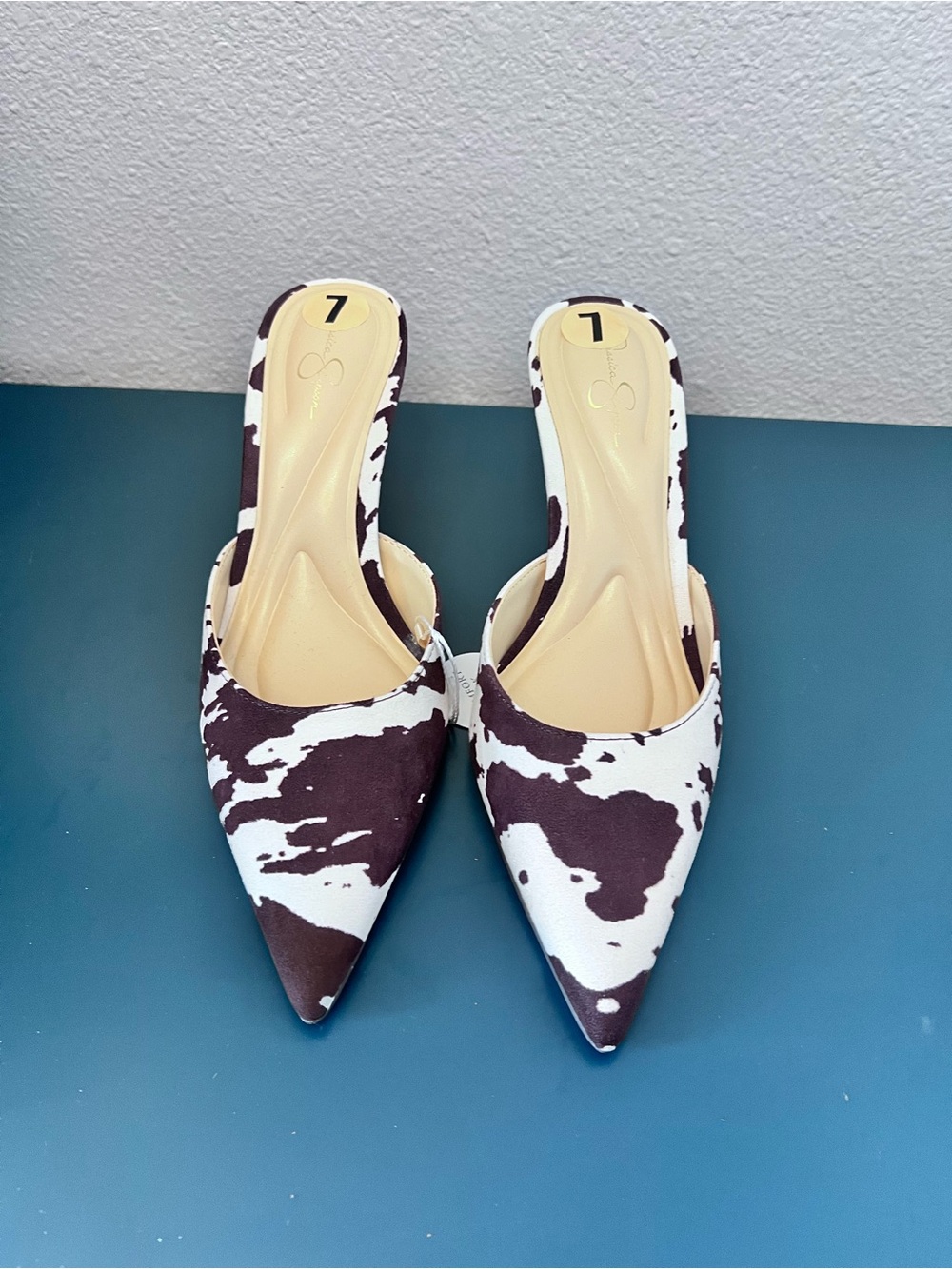 Jessica Simpson Print Pointed-Toe Slip-On Mules - Brown & White